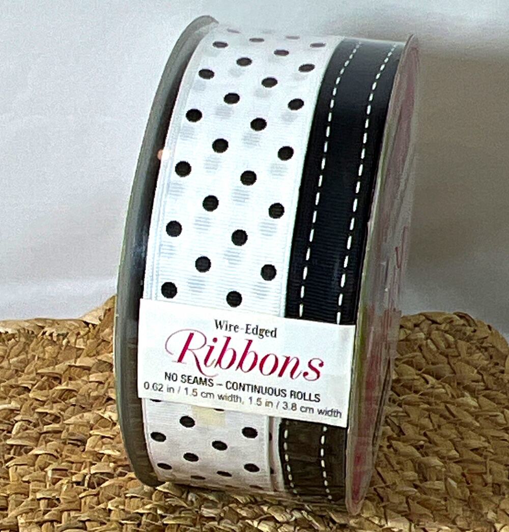 Kirkland Wire-Edged Ribbon Spools 50 YDS (25 of Each) Polka Dot Black White